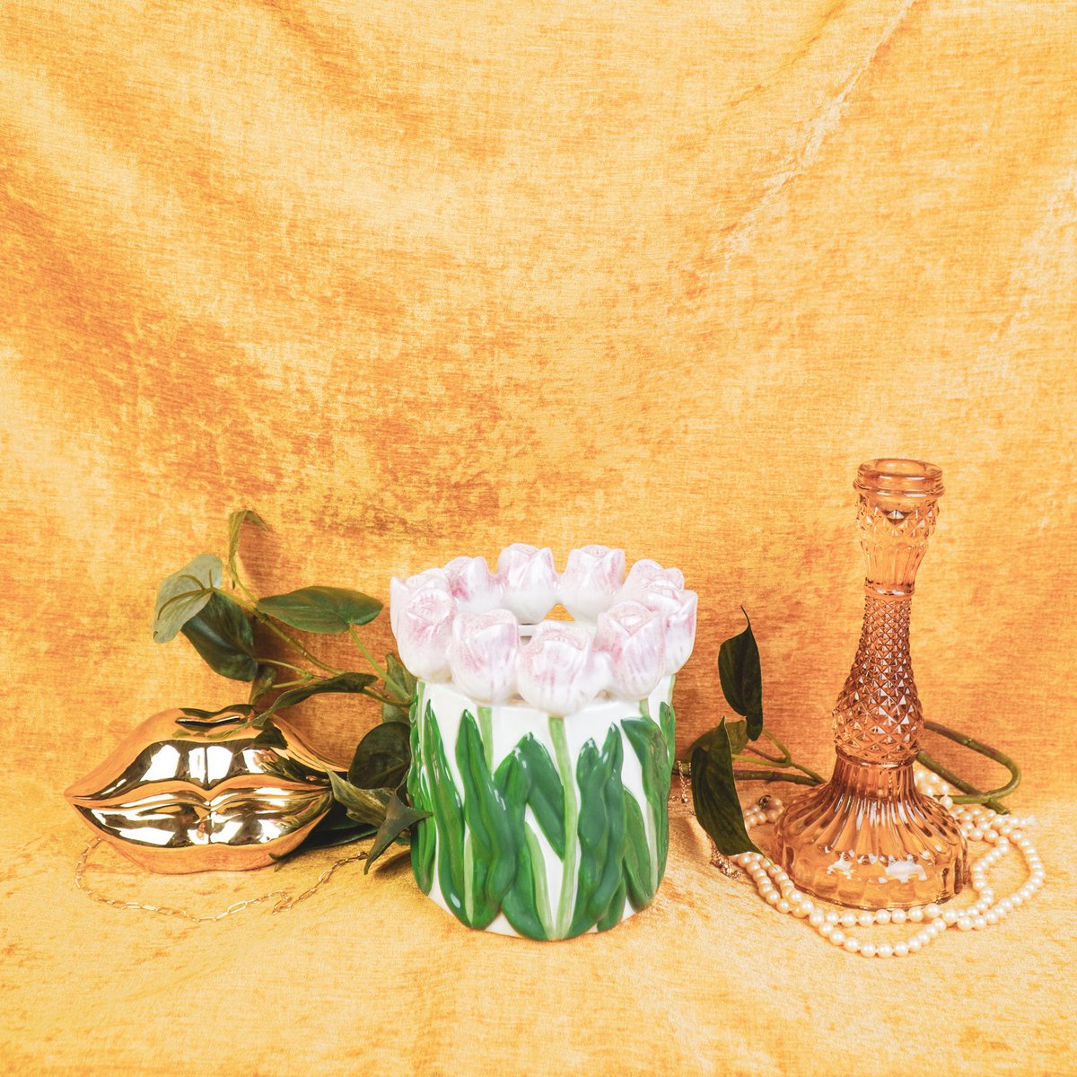 Vase- tulipes - Dolomite - rose clair / vert-15x15x14cm