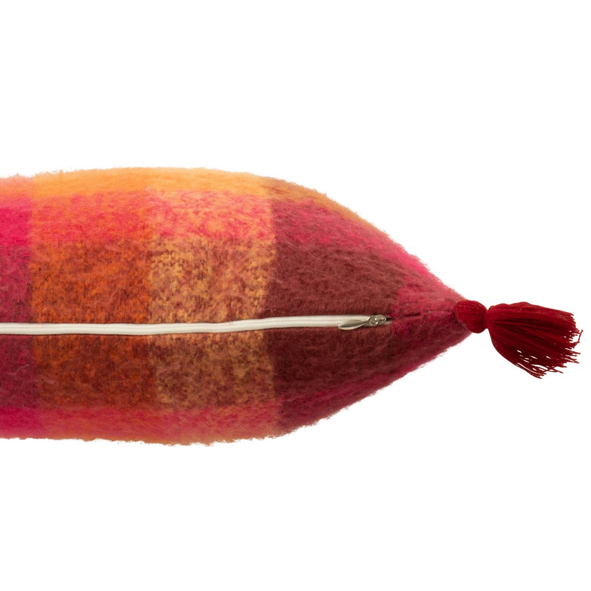 Coussin J-Line carreaux + pompons - textile - orange/bordeaux