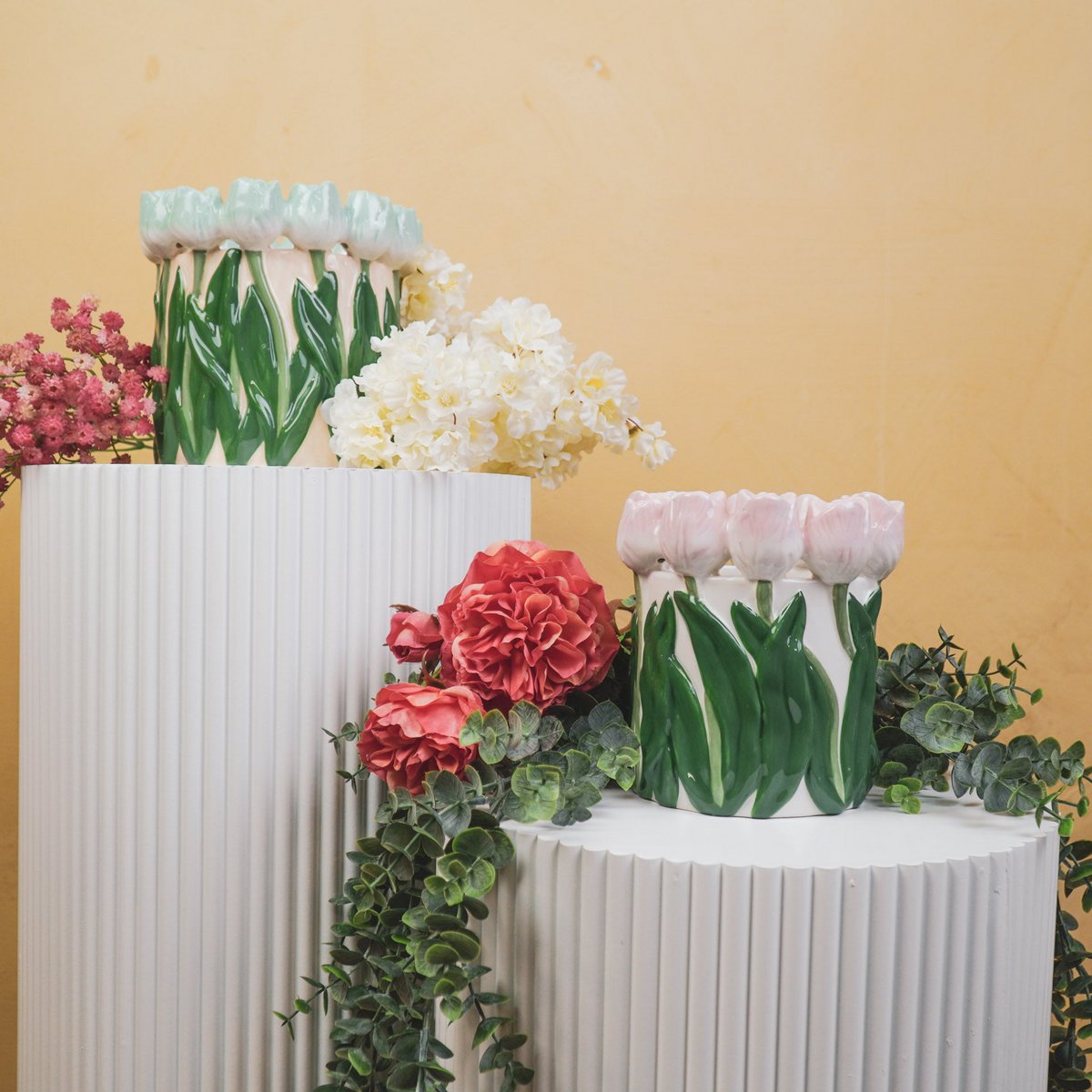 Vase- tulipes - Dolomite - rose clair / vert-15x15x14cm