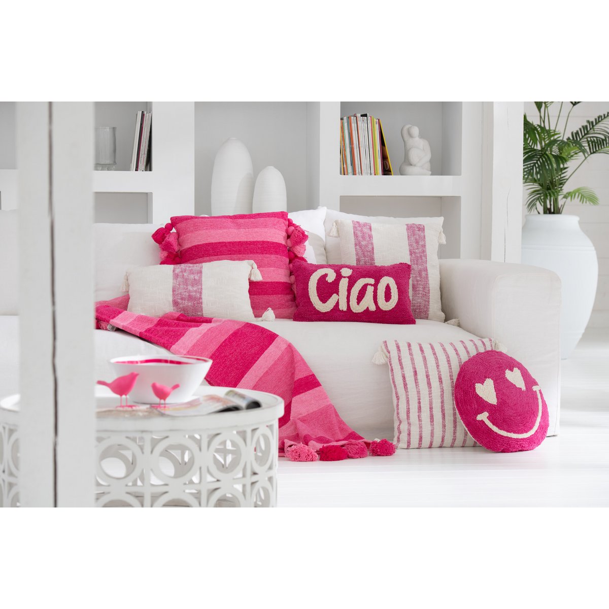 J-Line Coussin Cia Tufté Coton Rose/Blanc