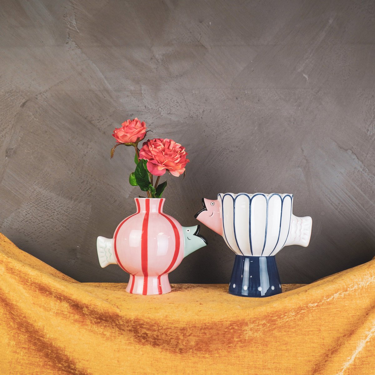 Vase - Fish- Dolomite -Pink / Mint / Red -21.5x13x17cm