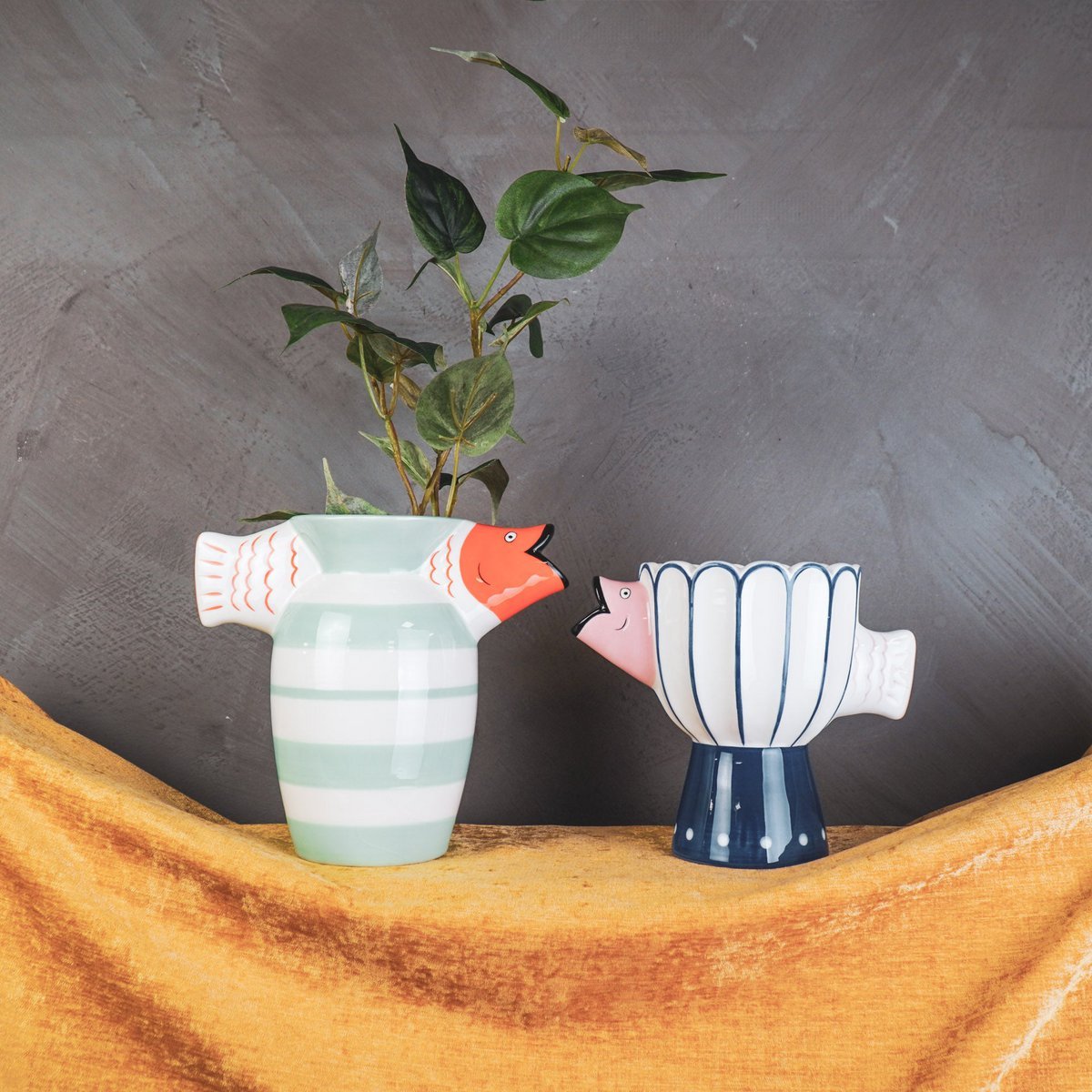 Vase - Fish- Dolomite -Blue / White / Pink -21x13.5x18cm