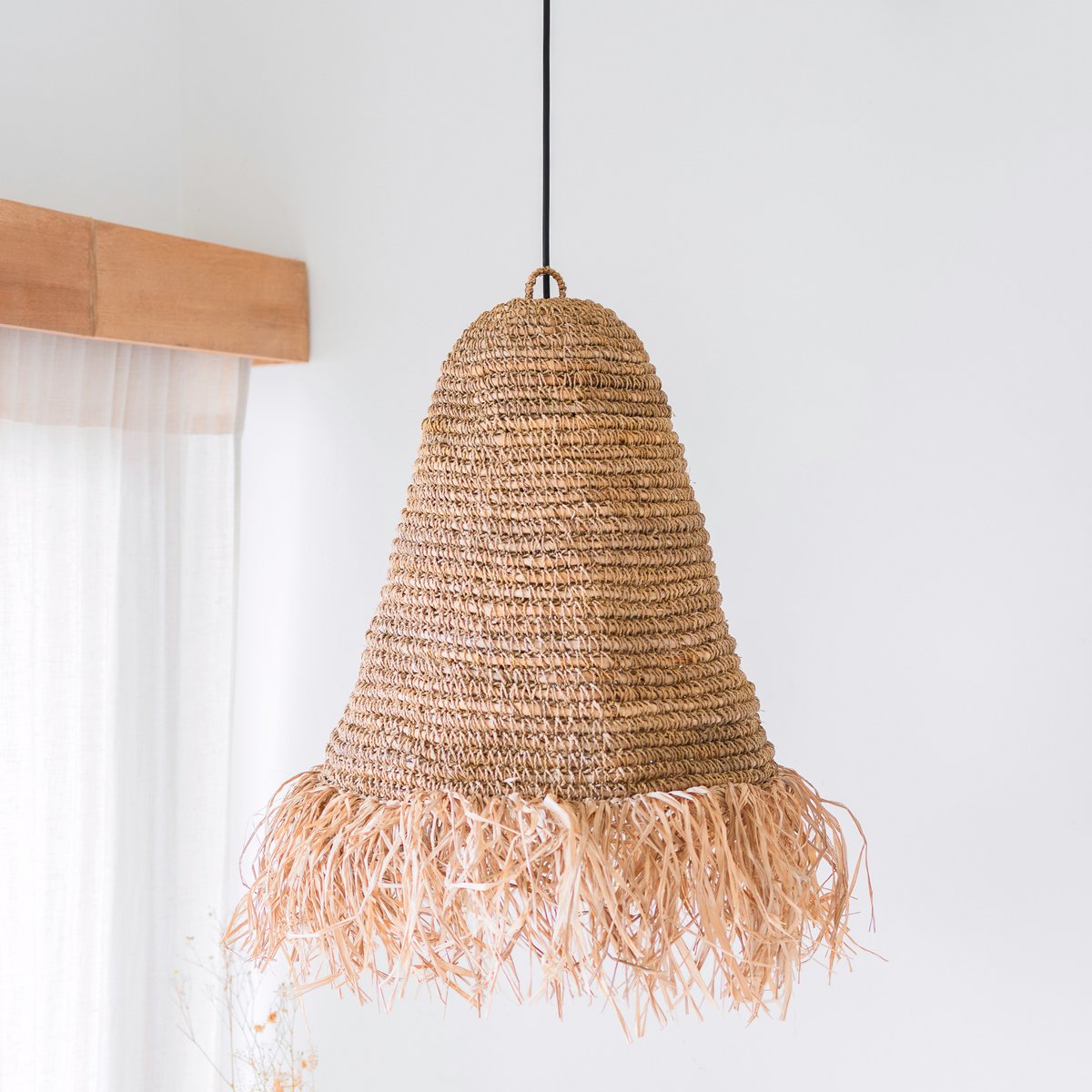 Abat-jour Raphia Boho – Lampe suspendue – Lampe suspendue – Plafonnier tissé à la main avec longues franges (3 tailles Ø 30/40/50 cm) KALIMA