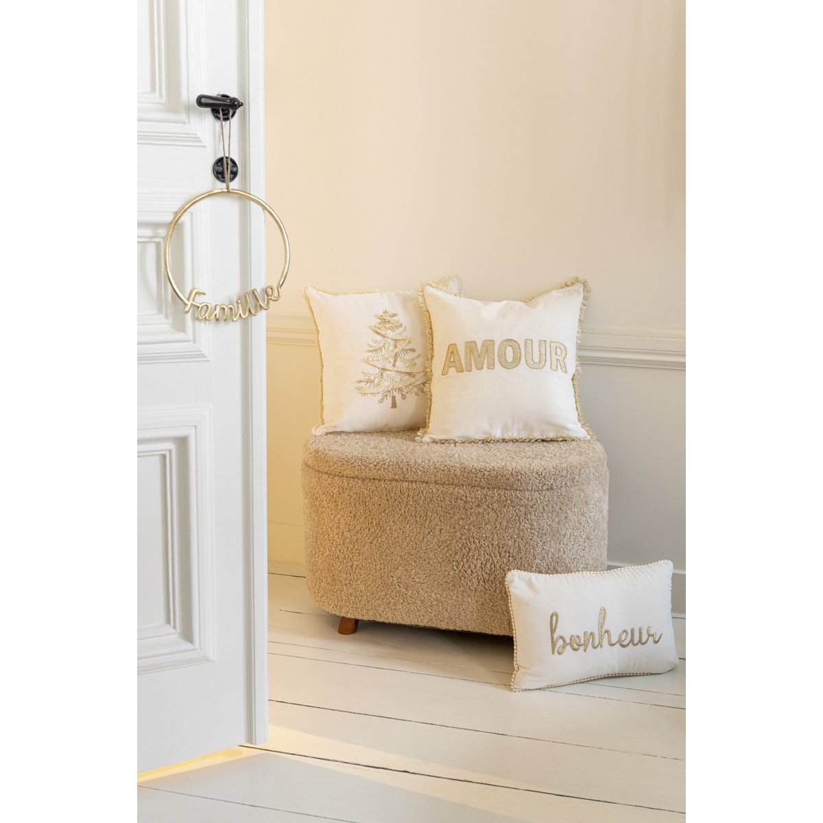 J-Line Coussin Arbre Textile Blanc/Or