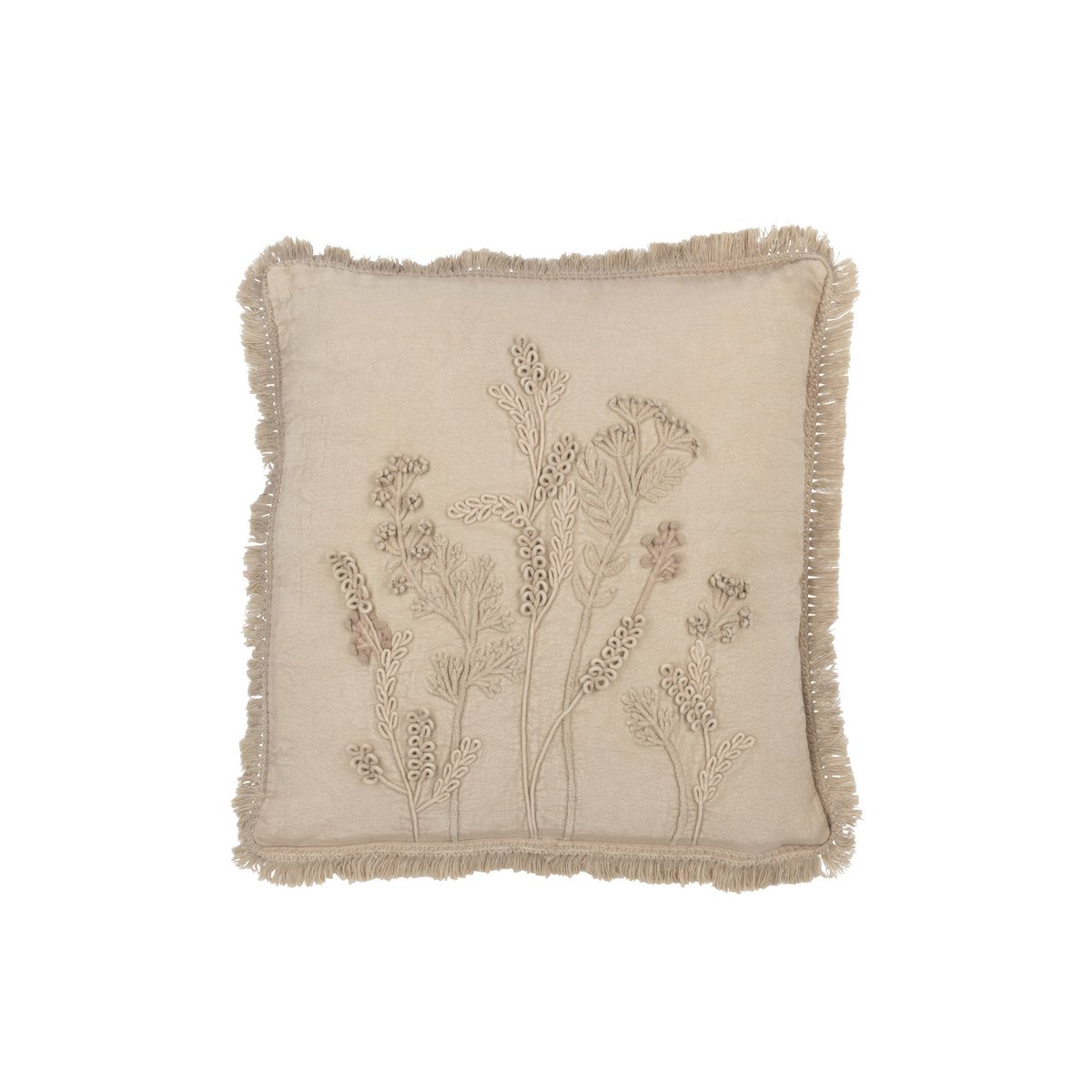 Coussin J-Line Broderie Fleurs + Franges - coton - beige