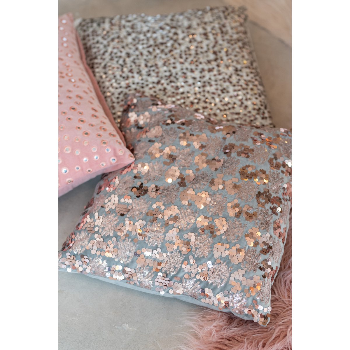 Coussin J-Line Paillet - velours - gris/rose