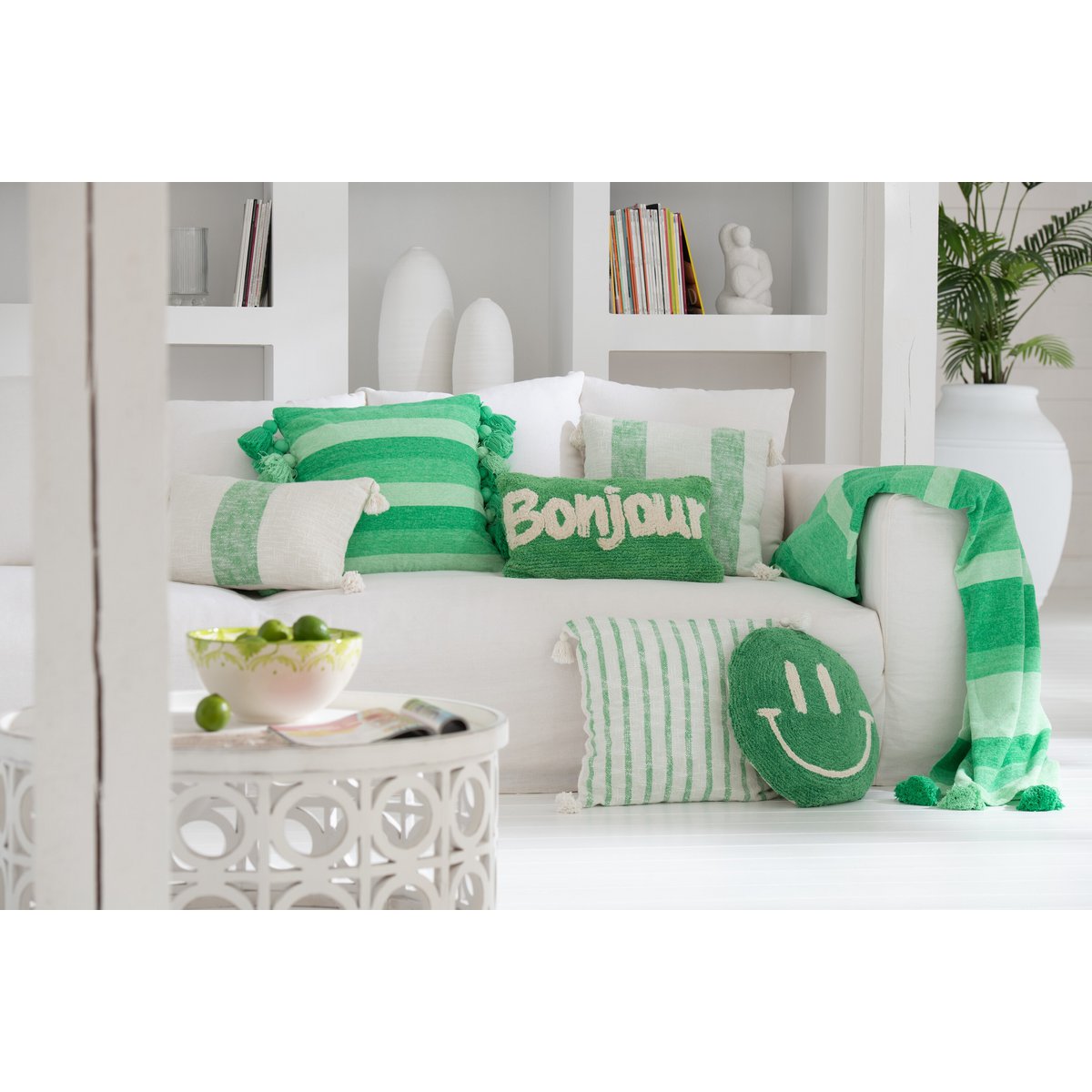 J-Line Coussin Bonjour Tufté Coton Vert/Blanc