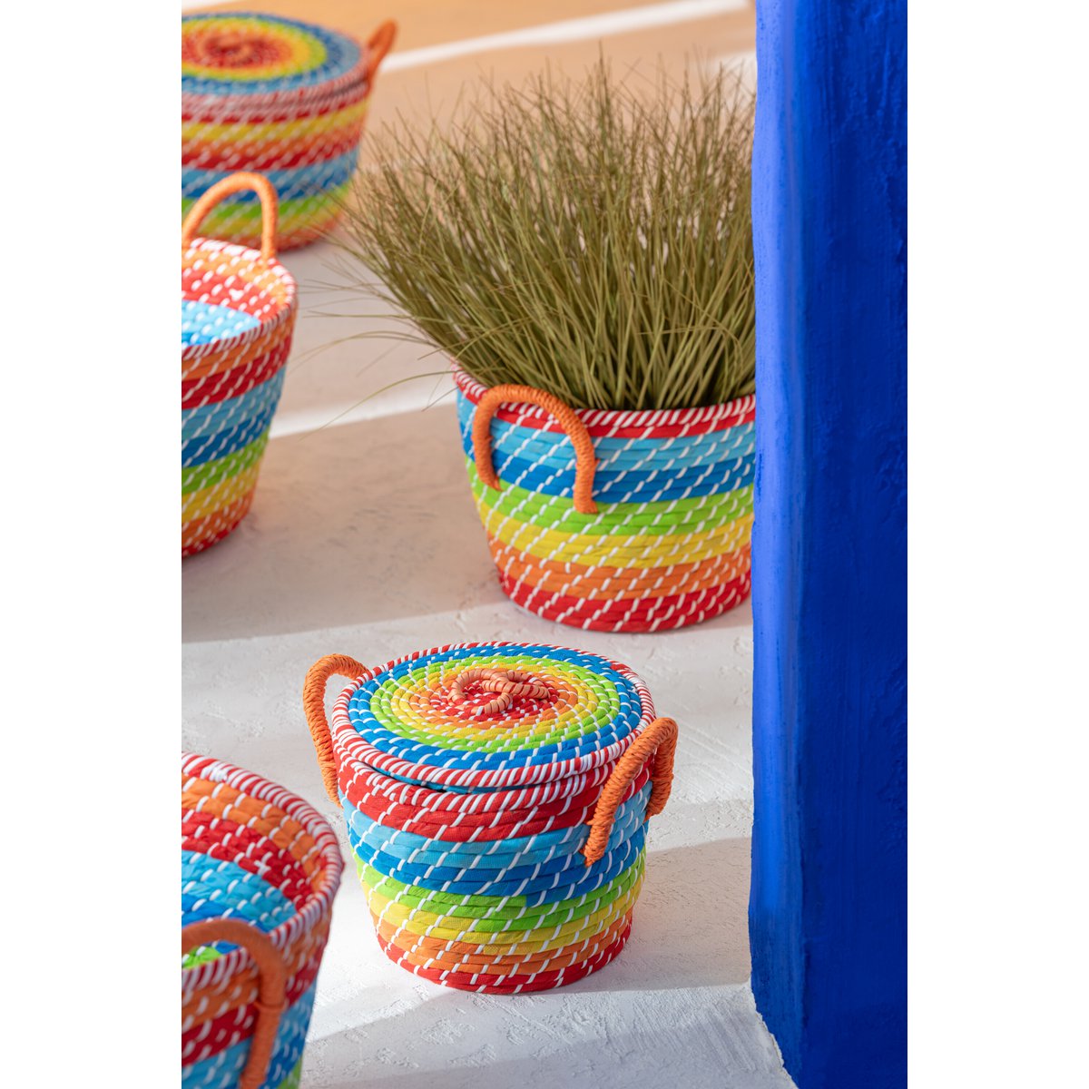 J-Line Lot de 3 Paniers Rainbow Stripes + Anses Seagrass Mix