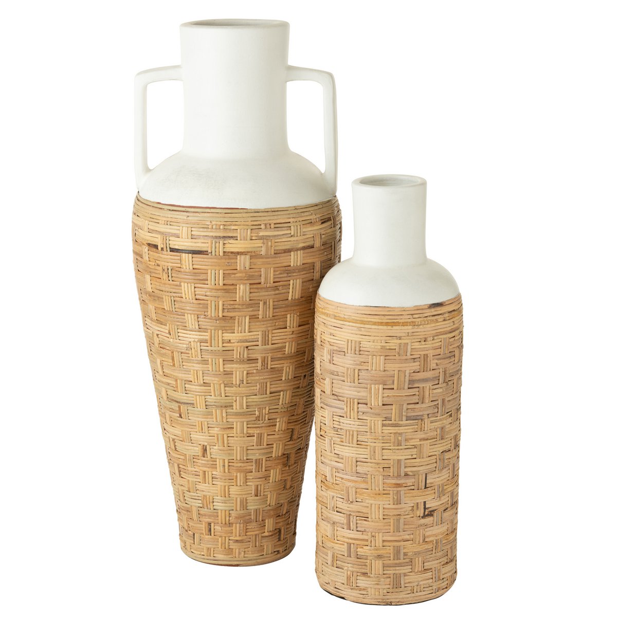 J-Line Vase+Poignées Tissé Terre Cuite/Rotan Blanc/Naturel 100cm