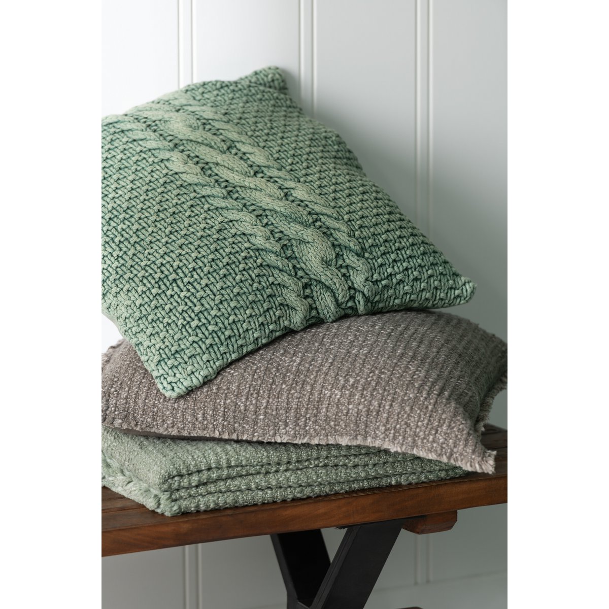 J-Line Coussin Tricot+Tresse Coton Lavé Vert