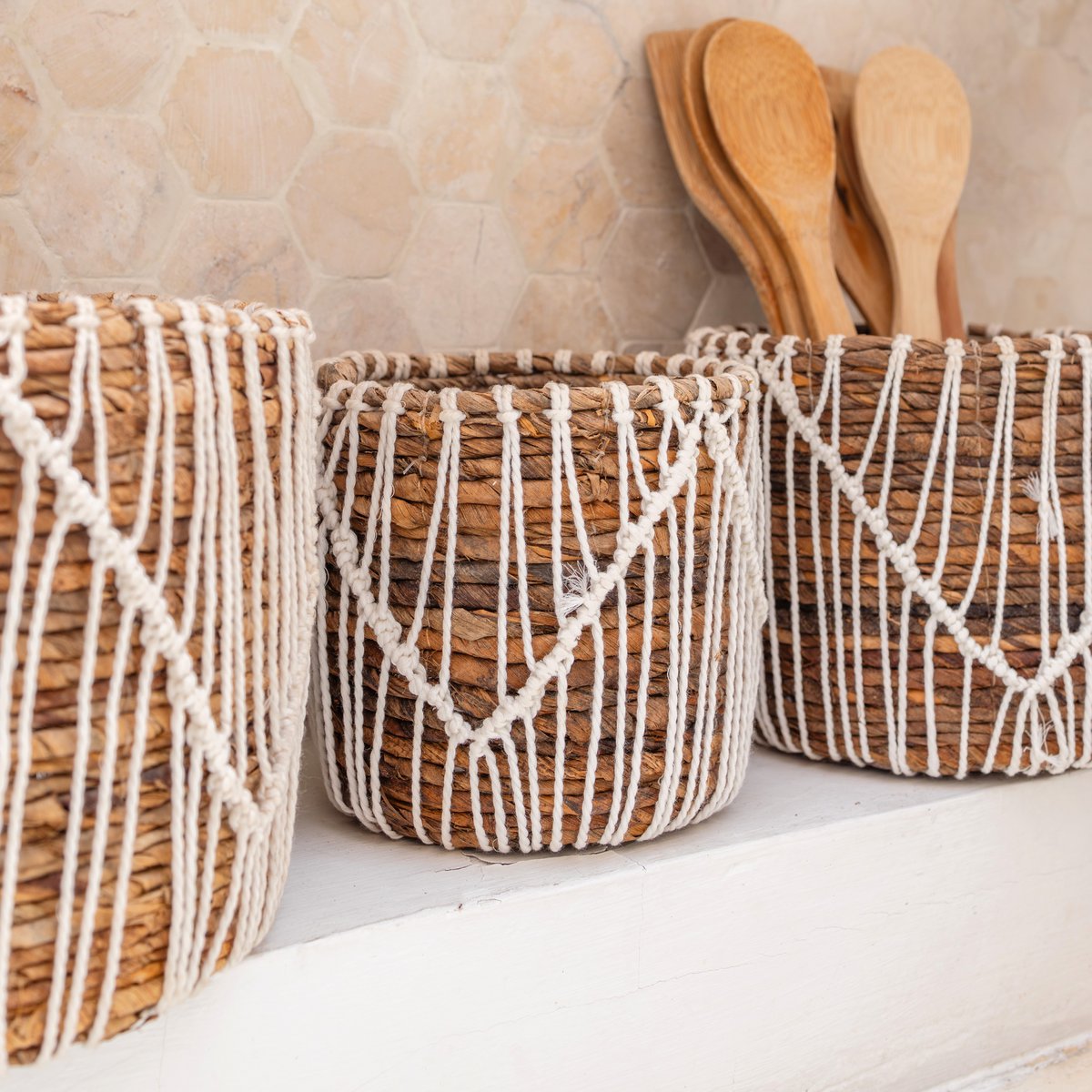 Petit panier en jonc de mer ORIS | Panier de fleurs rond | Panier Boho tissé | Panier de plantes | Planteur | Panier en macramé