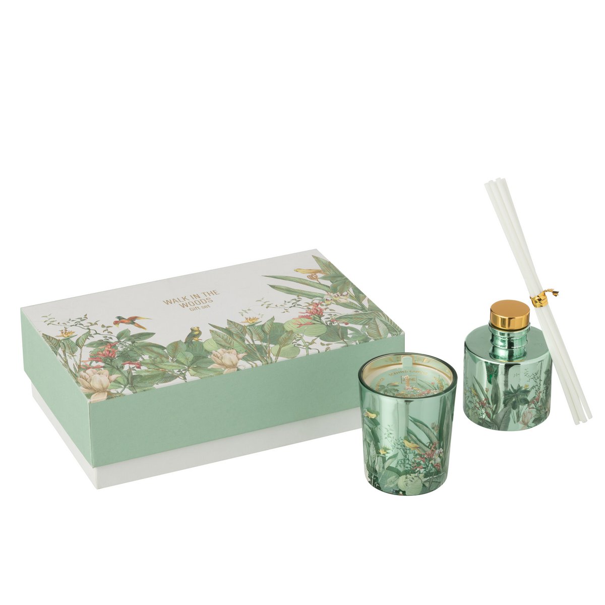 J-Line Coffret Bougie Parfumée+Huile Parfumée Promenade Dans Les Bois Vert