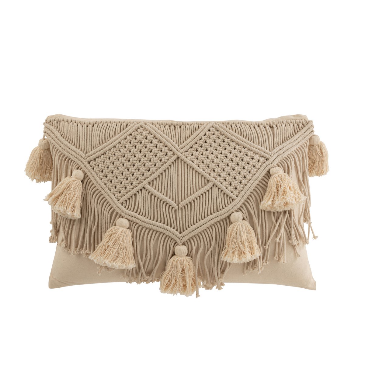 J-Line Coussin Pompon Macramé Rectangle Coton Beige