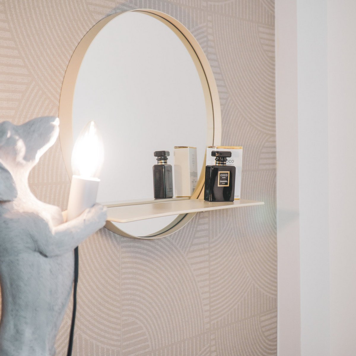 Miroir - Rond - Métal - Avec Etagère - Sable - Ø40cm