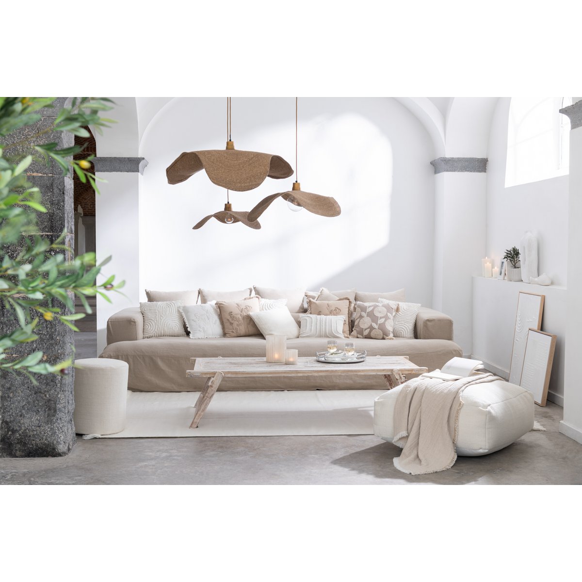 Coussin J-Line Broderie Fleurs + Franges - coton - beige