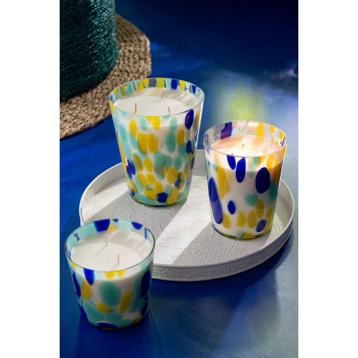 Bougie Parfumée J-Line Noa Bleu/Jaune Grande -95 Heures