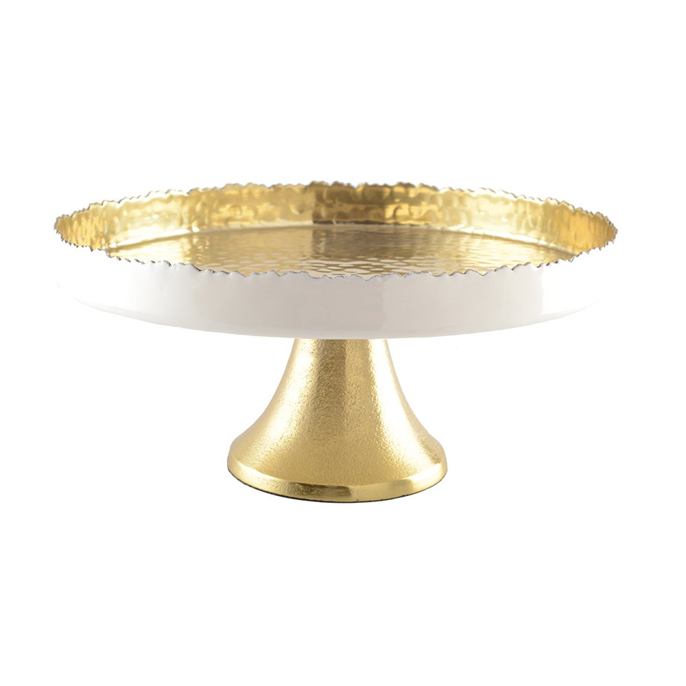 PLATEAU ROND BLANC ET DORE MARTELE SUR PIED 30X30X12.5CM
