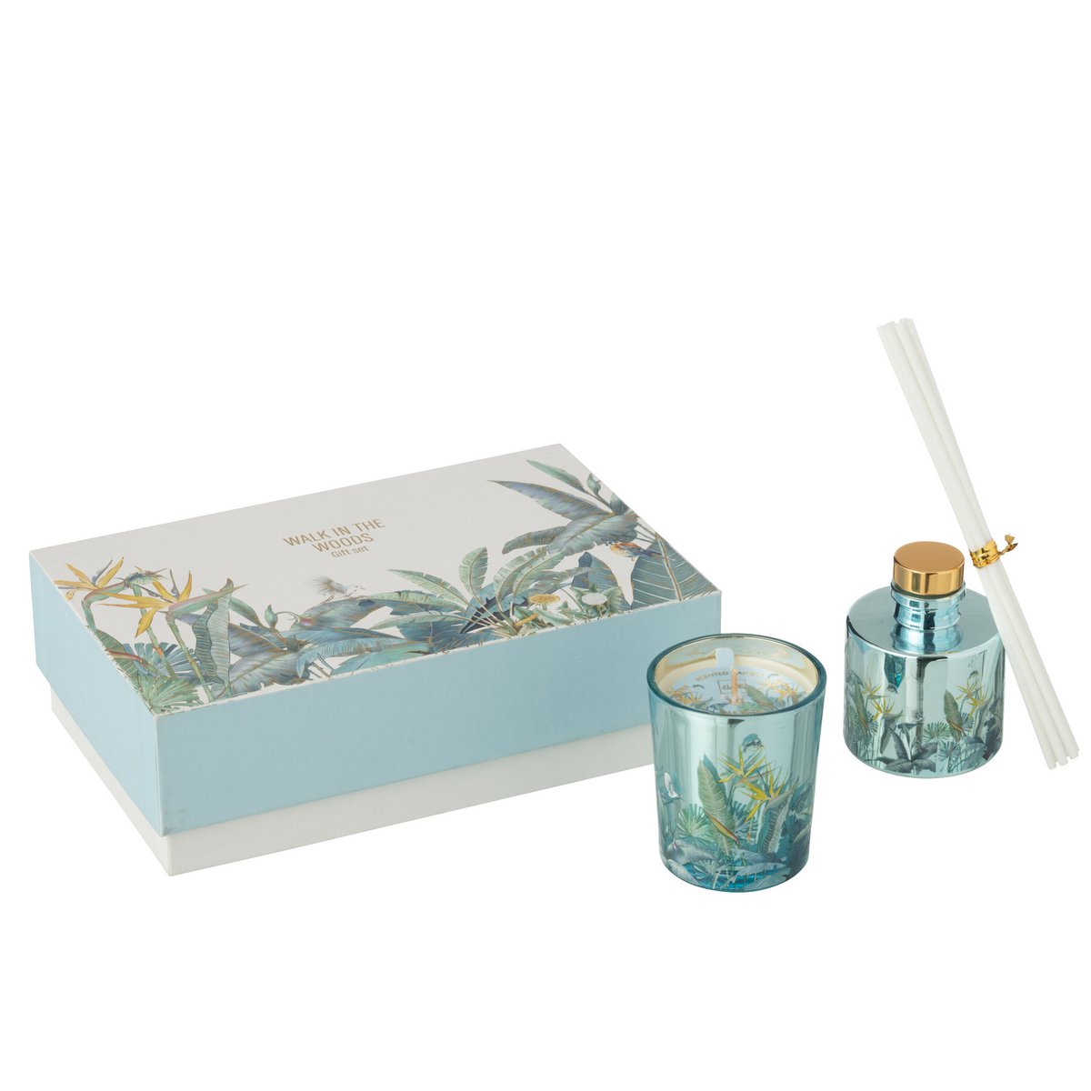J-Line Coffret Bougie Parfumée + Huile Parfumée Walk In The Woods Bleu