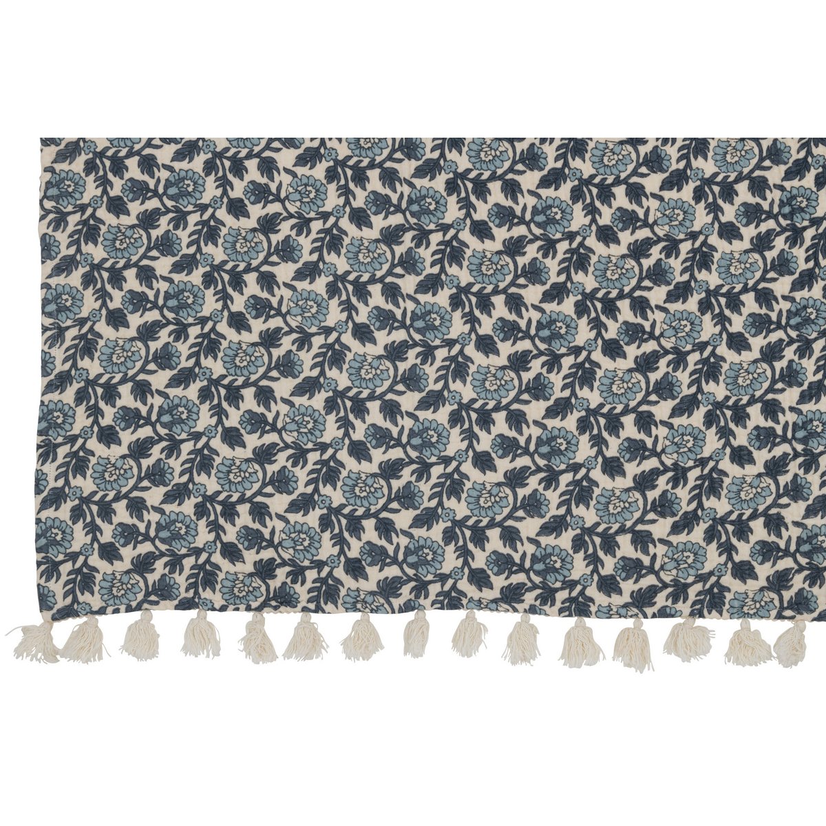 J-Line Plaid fleurs - coton - bleu - 180 x 130 cm