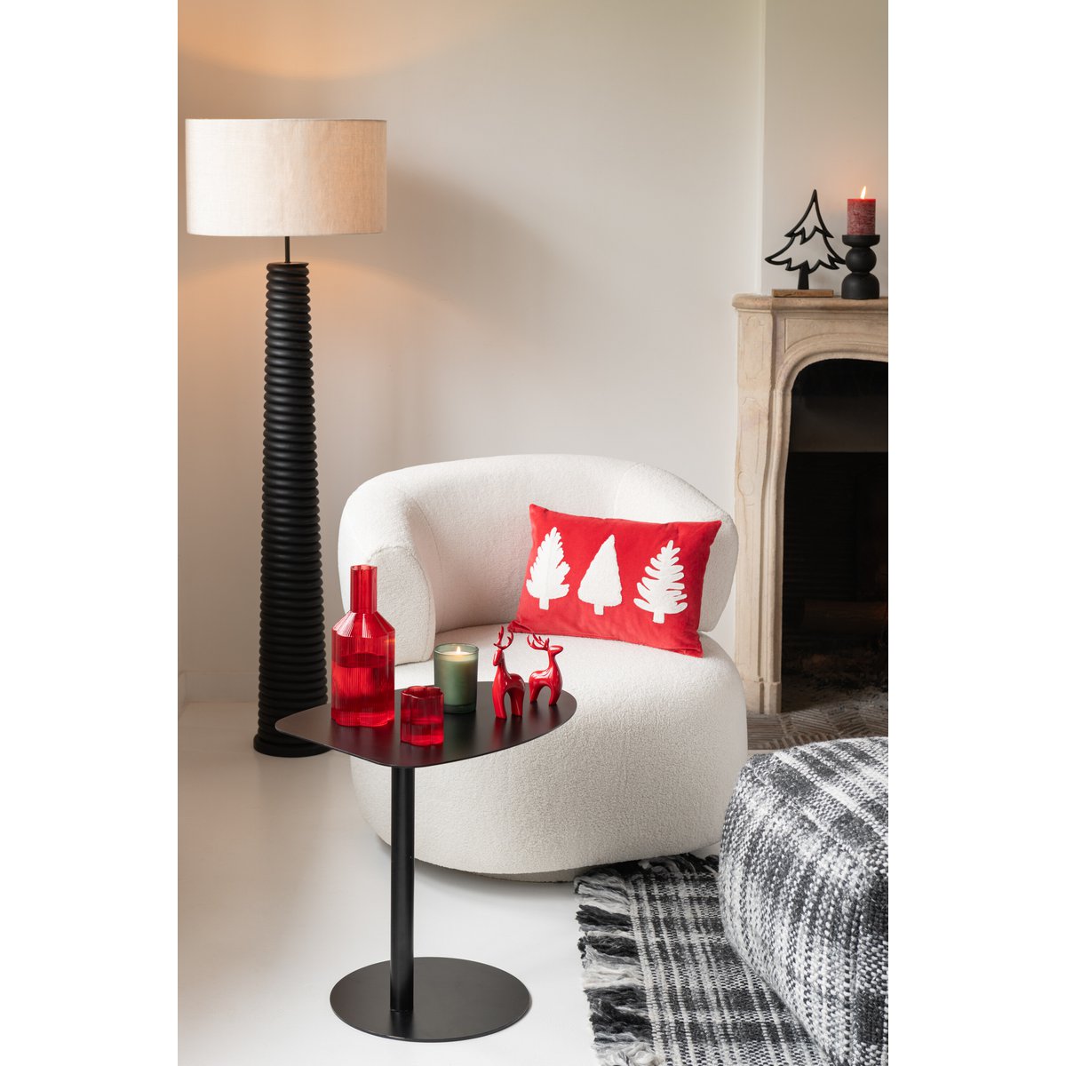 J-Line coussin Rectangle Sapins de Noël - velours - rouge/blanc