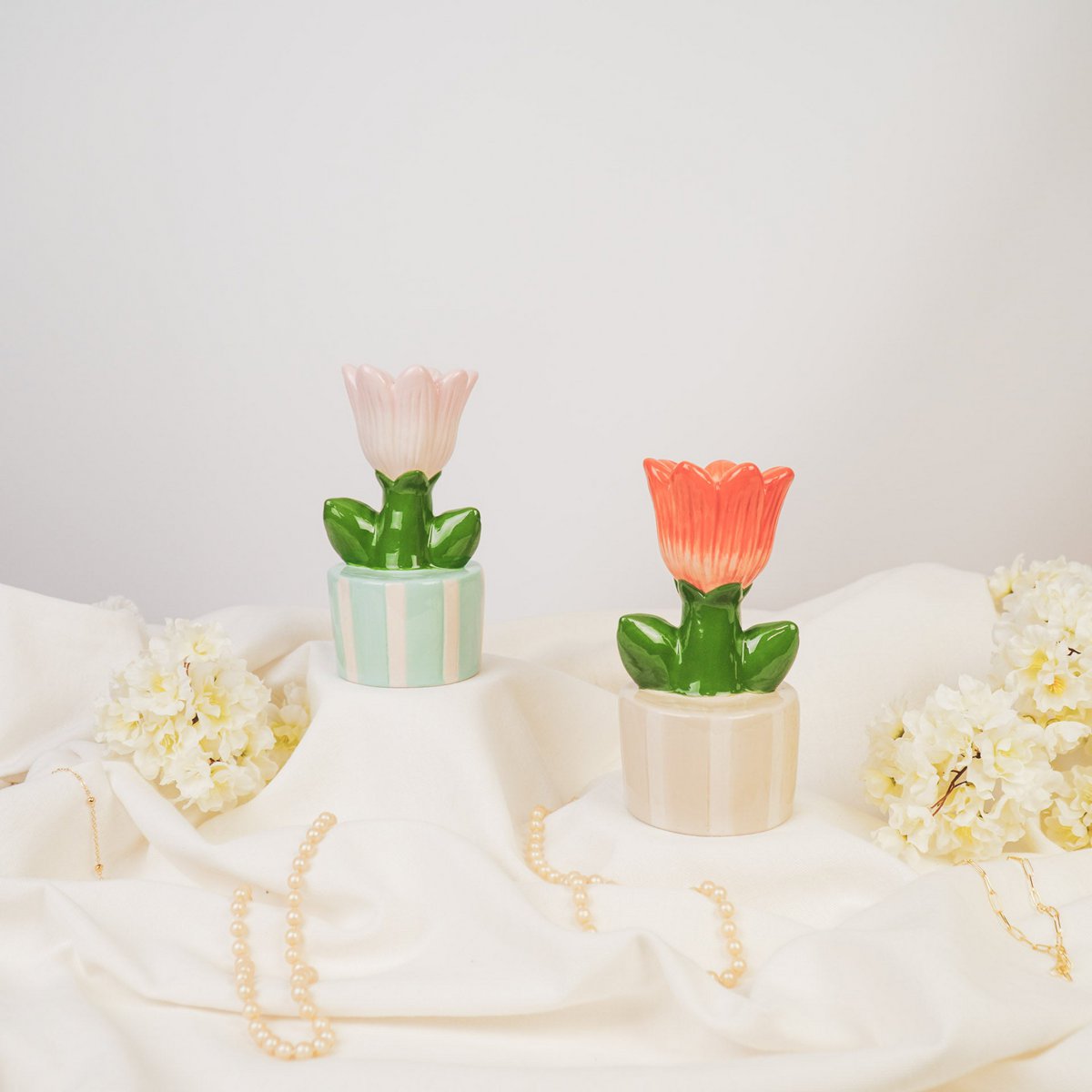 Bougeoir - Tulip - Stoneware-Mint / Pink- 9x8,5x17,5