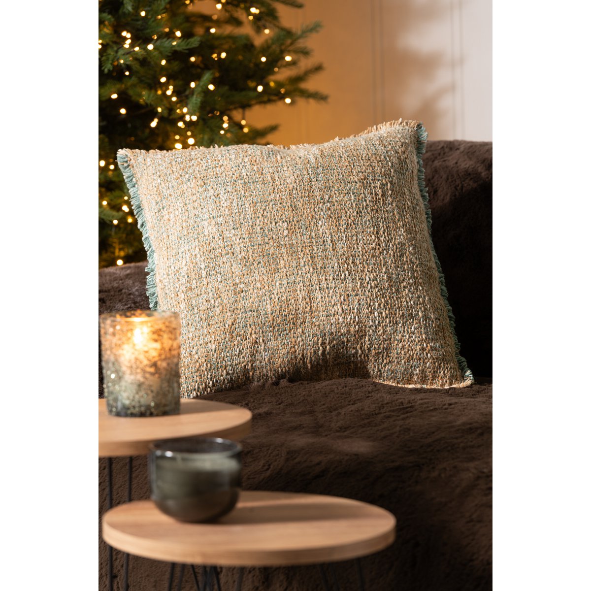 Coussin J-Line Bords effilochés Polyester/Coton Marron clair/Vert