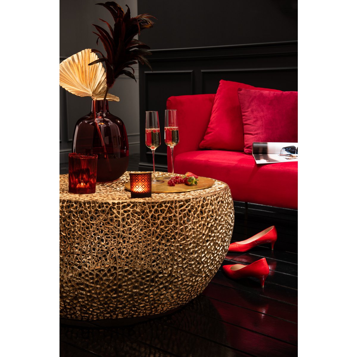 J-Line Table Basse Ronde Basse Motif Corail Aluminium Doré - 115,00 x 114,00 x 31,50 cm