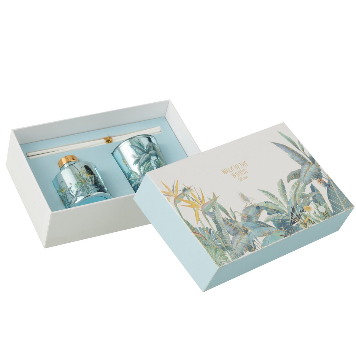 J-Line Coffret Bougie Parfumée + Huile Parfumée Walk In The Woods Bleu