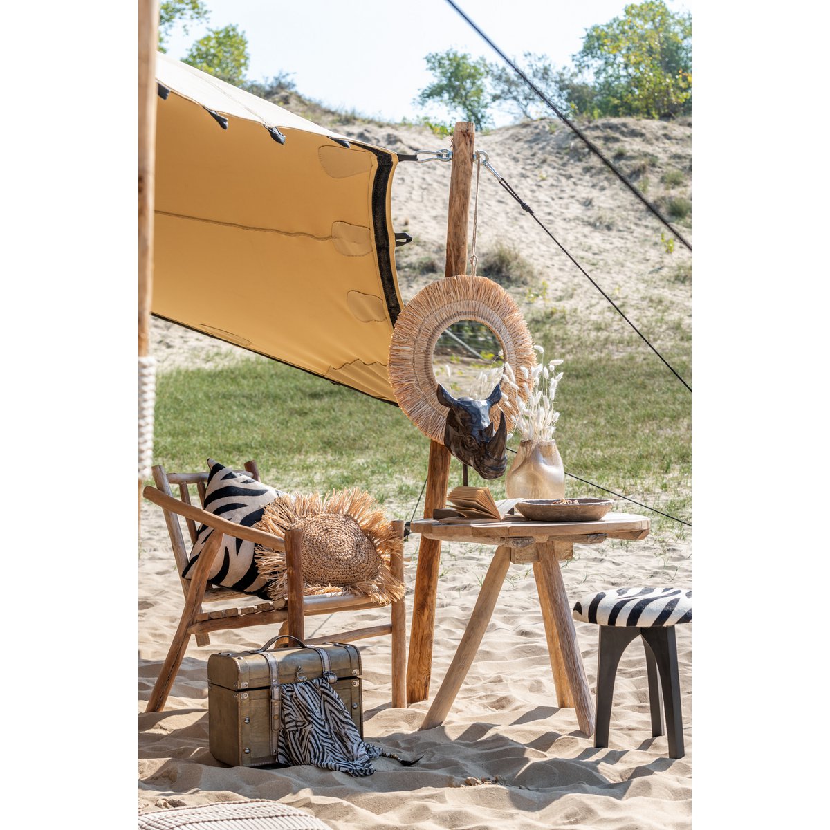 J-Line Coussin rond en roseau raphia - jute - naturel