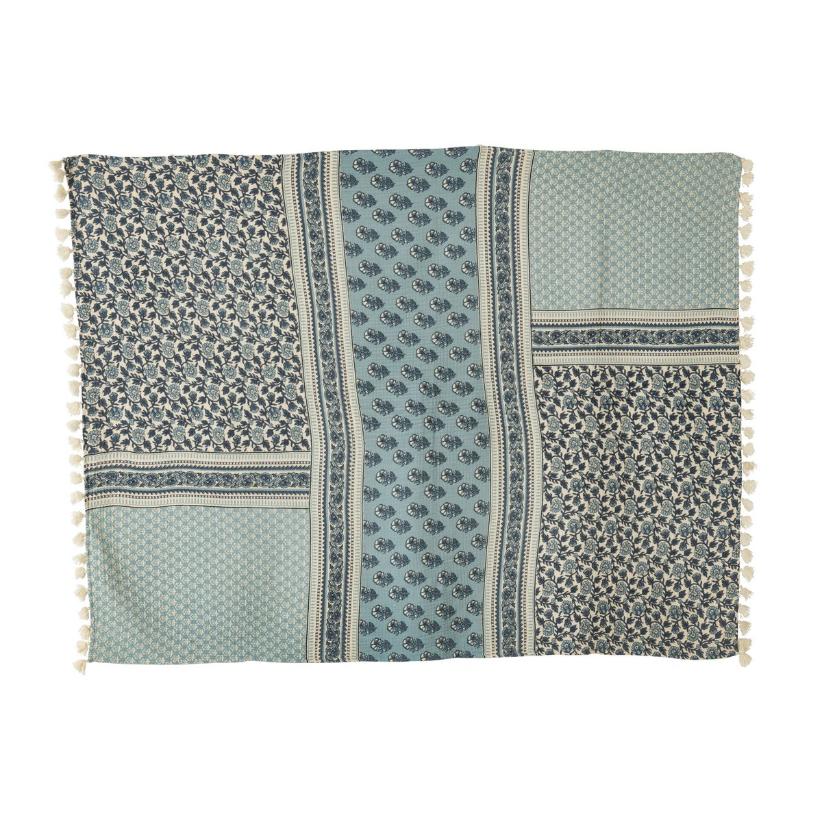 J-Line Plaid fleurs - coton - bleu - 180 x 130 cm