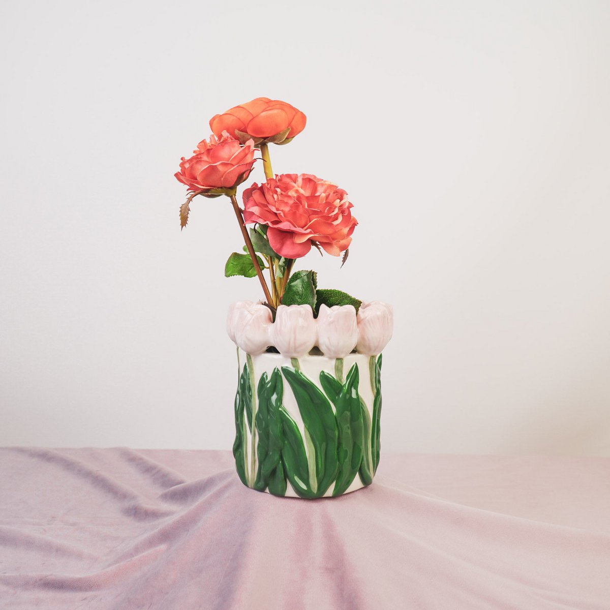 Vase- tulipes - Dolomite - rose clair / vert-15x15x14cm