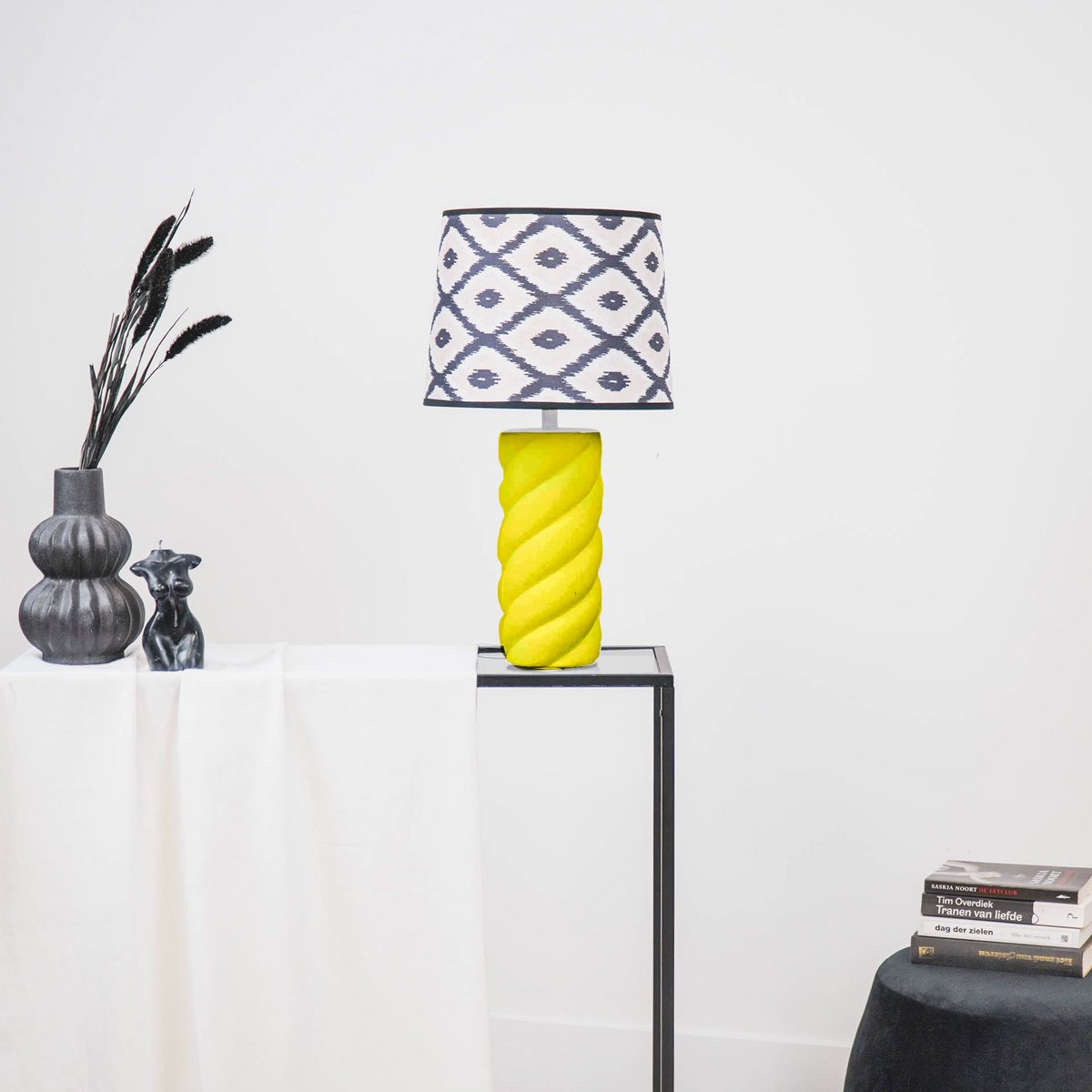 Abat-jour - Imprimé Kelim - Polyester - Noir/Blanc - 26x30x23cm