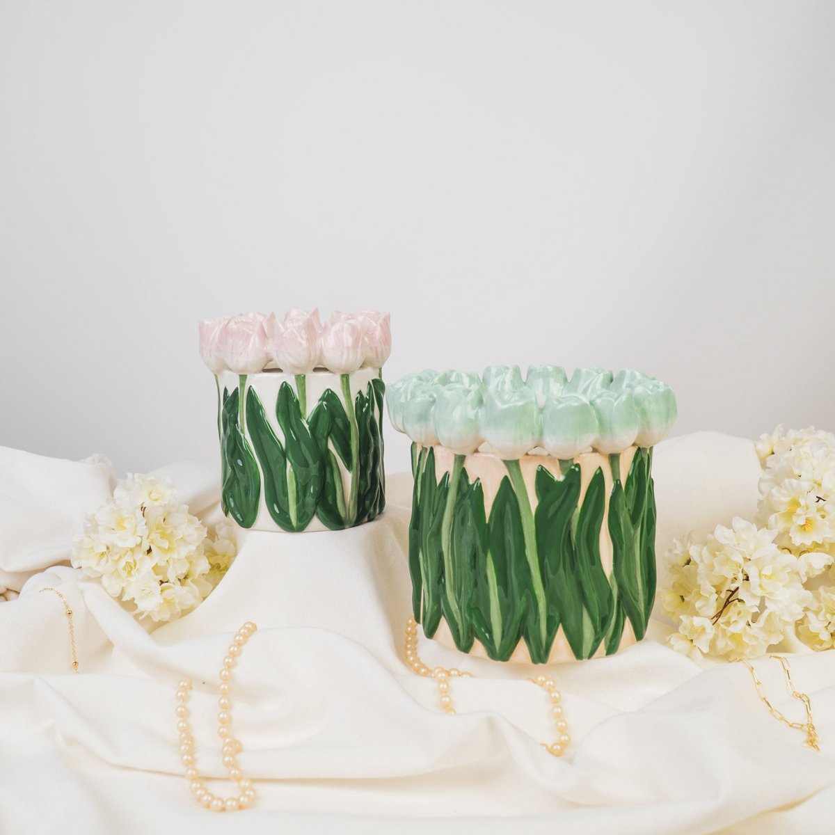 Vase- tulipes - Dolomite - rose clair / vert-15x15x14cm