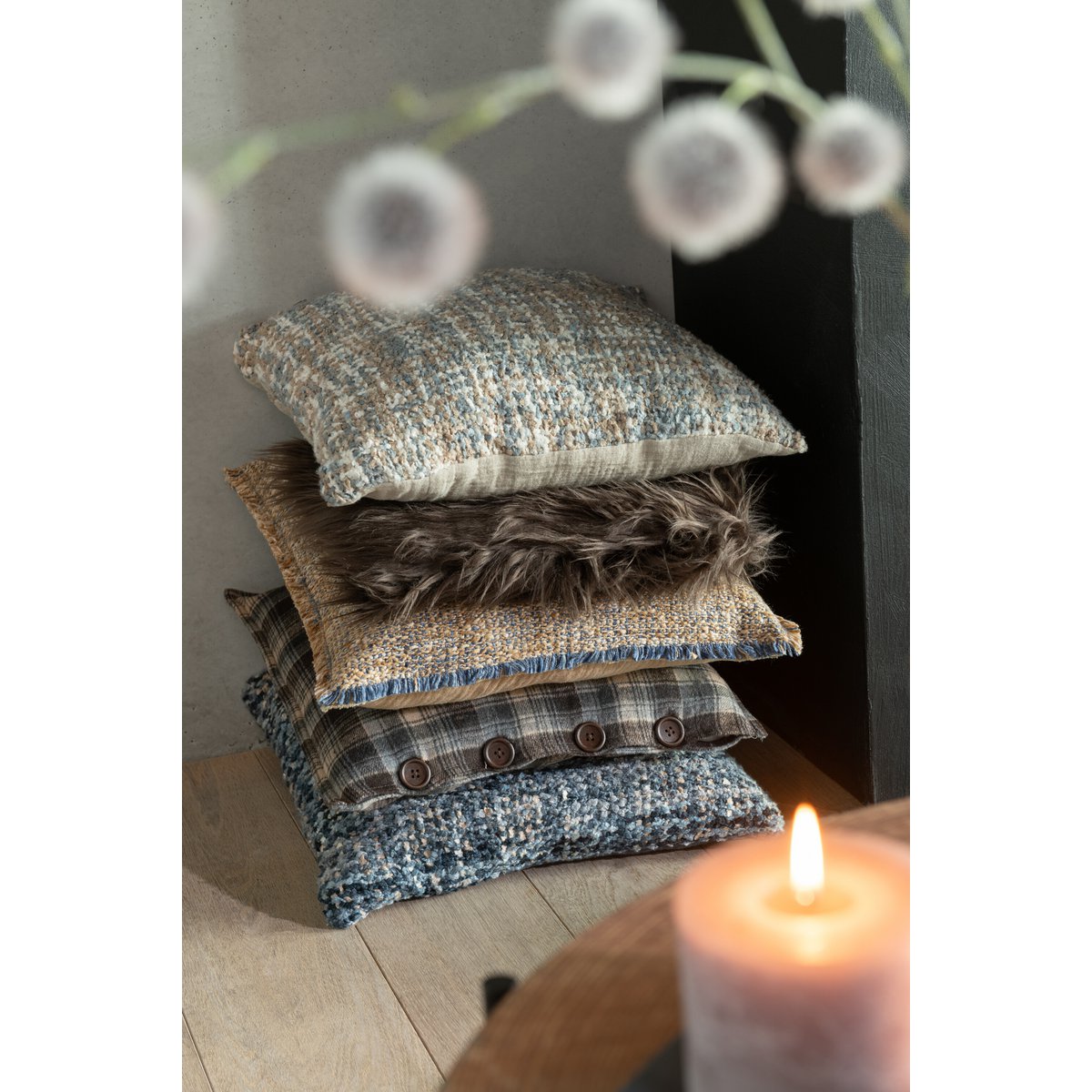 Coussin J-Line Bords Effilochés Polyester/Coton Marron Clair/Bleu