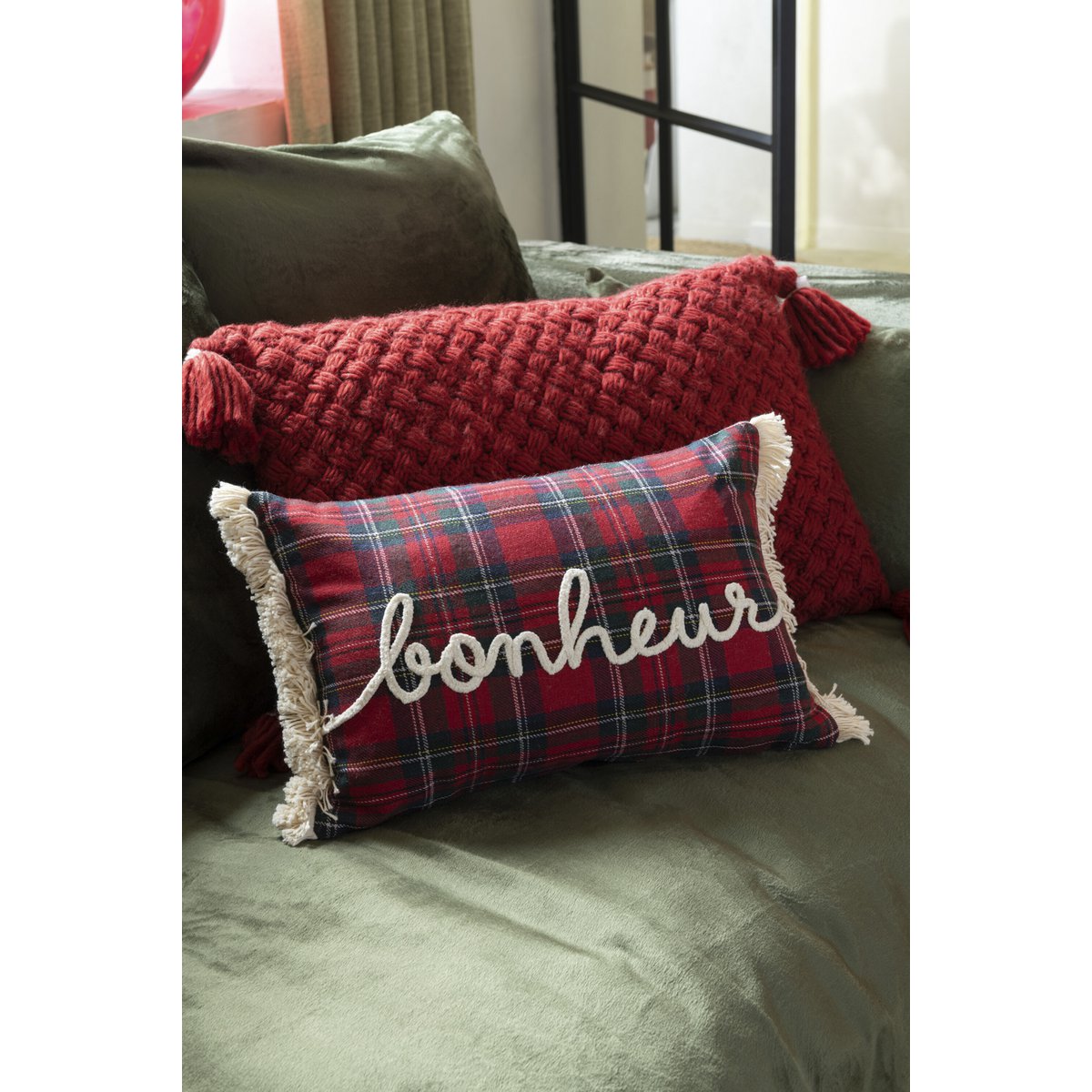 Coussin J-Line Check Bonheur - polyester - rouge/vert