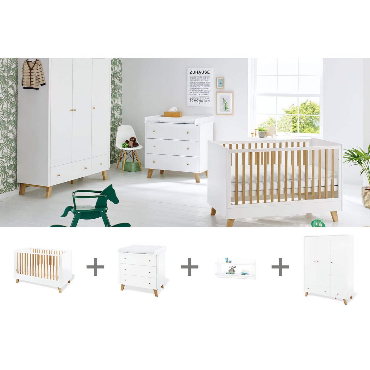 Nursery 'Pan' large large, incl. étagère
4 pièces : lit bébé, grand meuble à langer, grande penderie, étagère murale