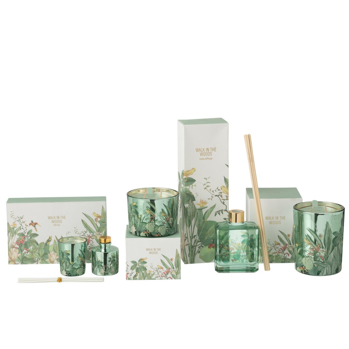 J-Line Coffret Bougie Parfumée+Huile Parfumée Promenade Dans Les Bois Vert