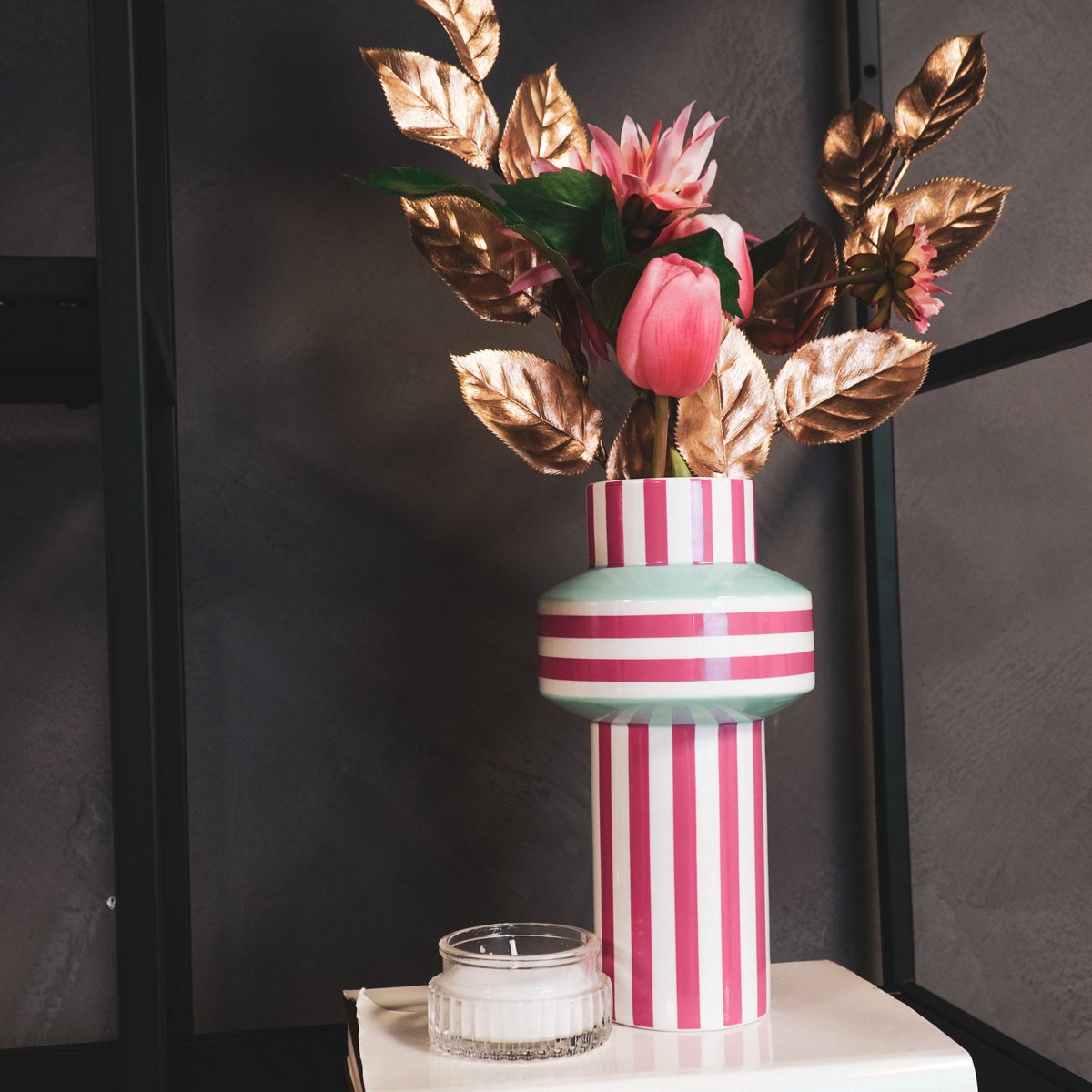 Vase - Stripe - Céramique - Vert Menthe/Rose Néon - 13x13x25cm