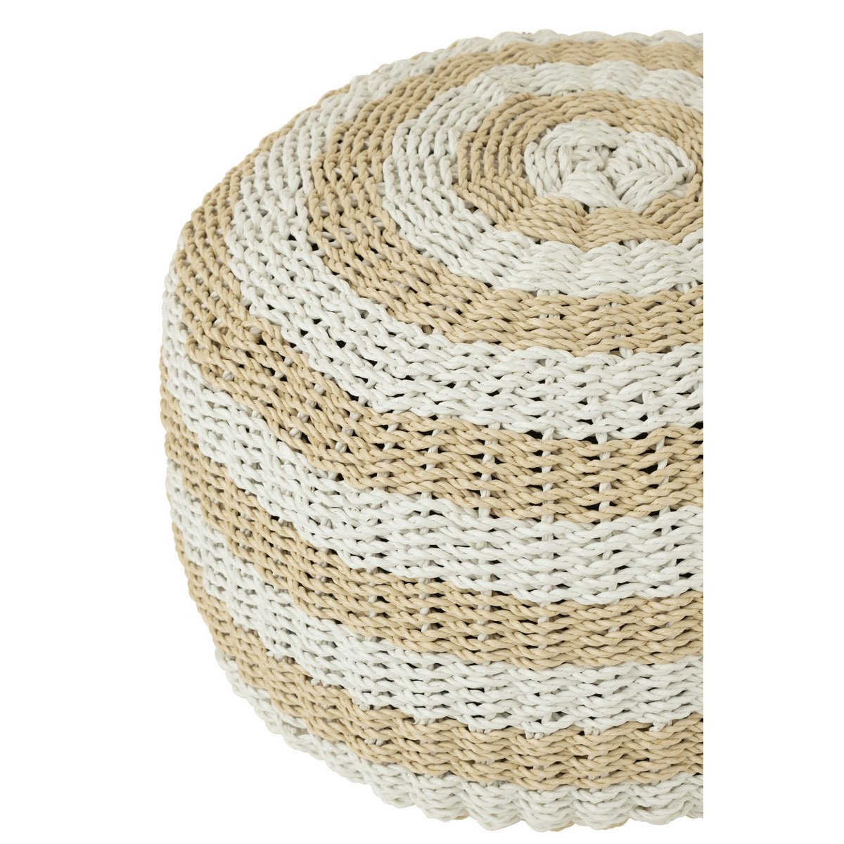 J-Line Pouf Rond Rayures Plastique Tissé Blanc/Naturel