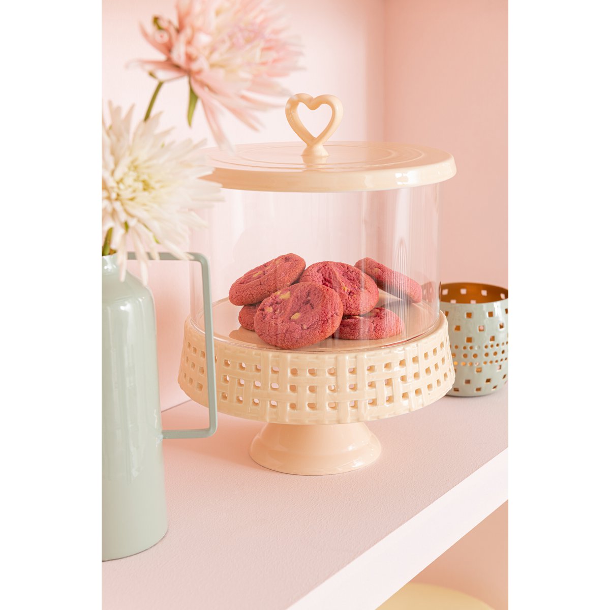 J-Line Assiette à gâteau sous verre - présentoir à gâteau - céramique - rose - L