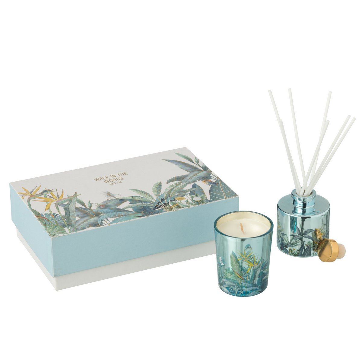 J-Line Coffret Bougie Parfumée + Huile Parfumée Walk In The Woods Bleu