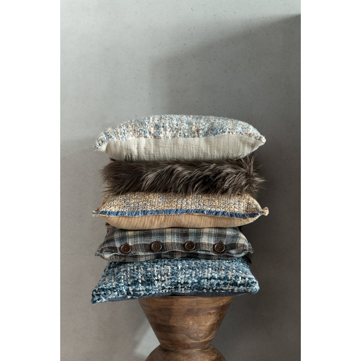 Coussin J-Line Bords Effilochés Polyester/Coton Marron Clair/Bleu