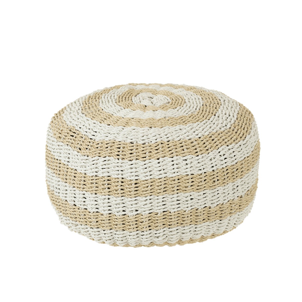 J-Line Pouf Rond Rayures Plastique Tissé Blanc/Naturel