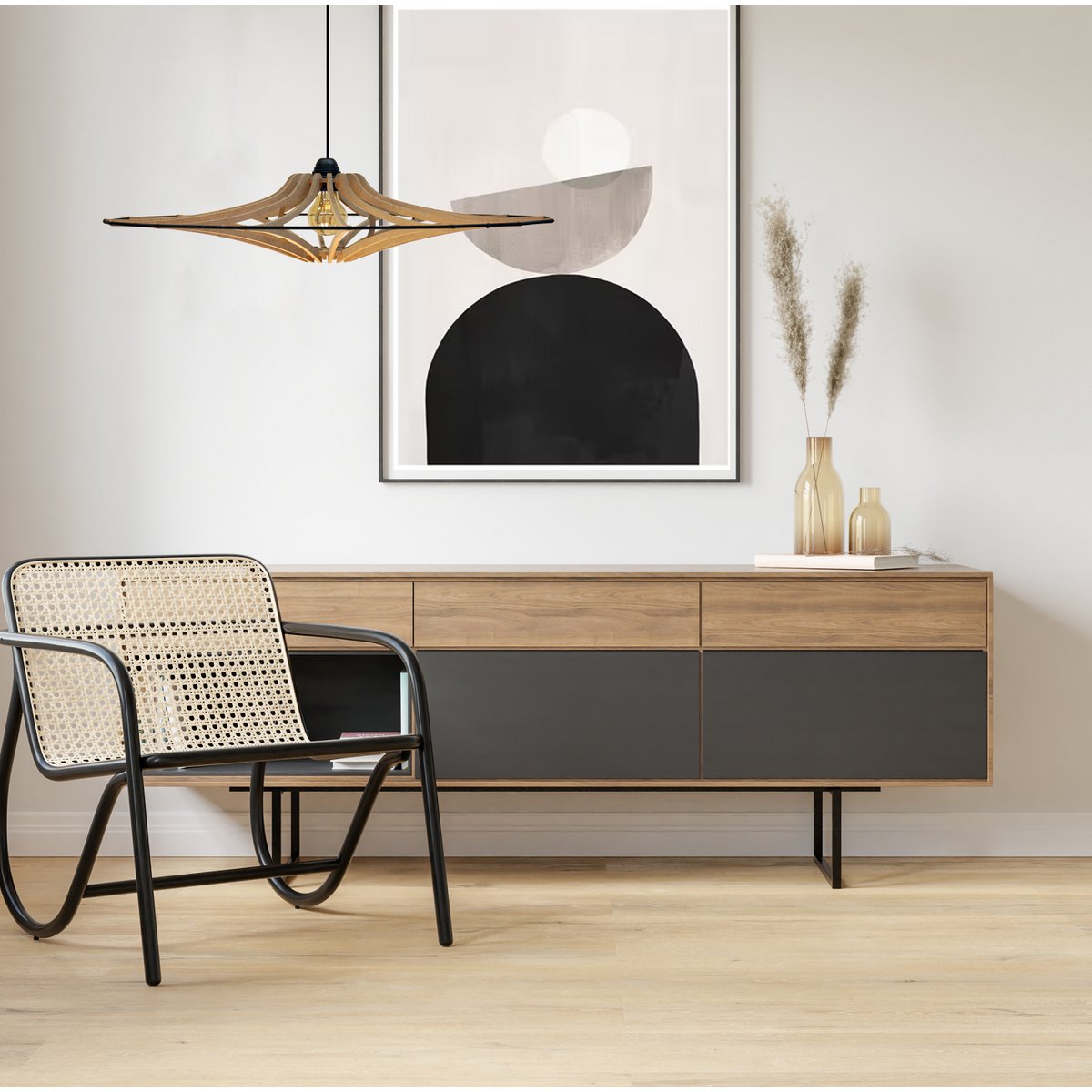 Suspension Design bois D65cm SINGING BRUT - élastique Noir -Kit lin