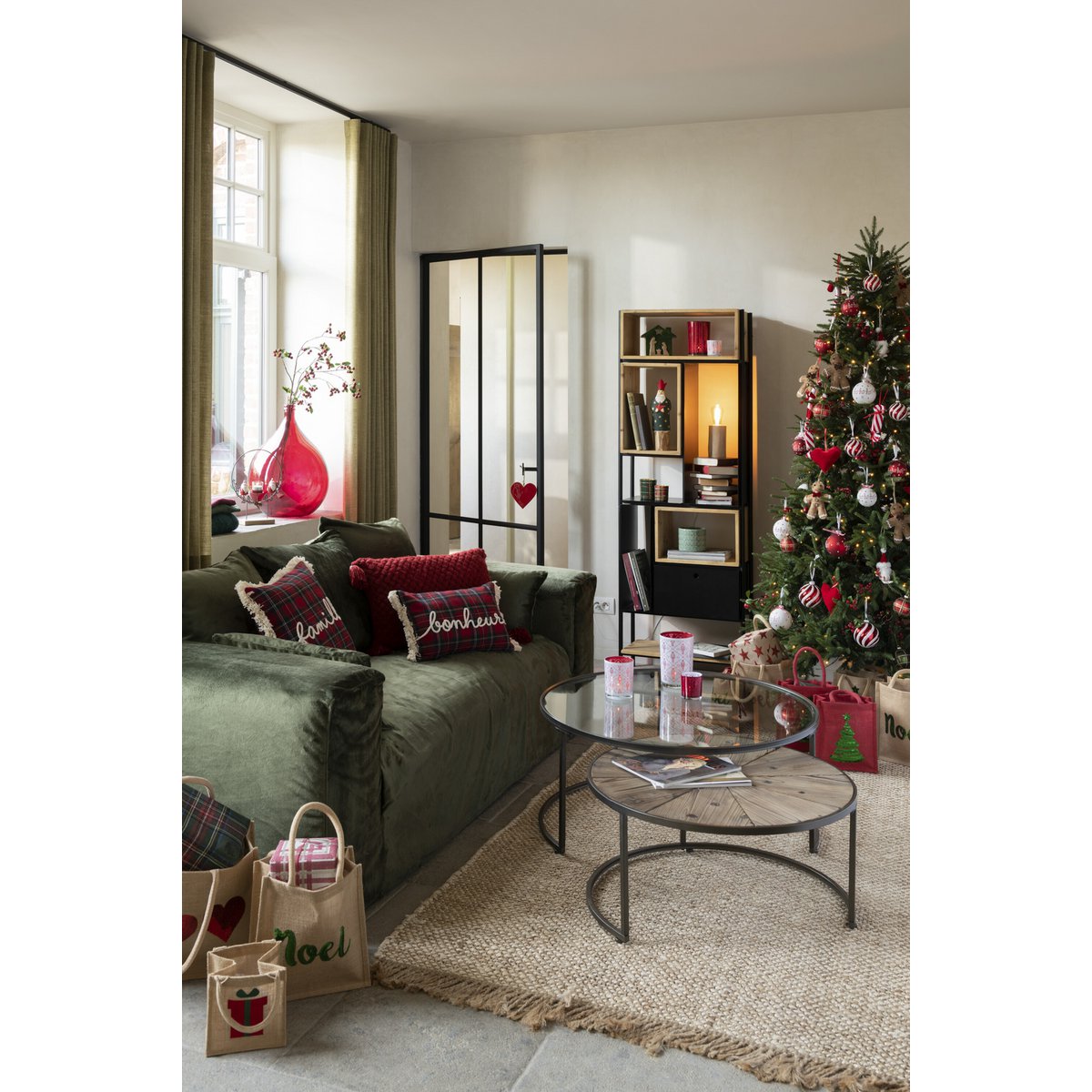 Coussin J-Line Check Bonheur - polyester - rouge/vert