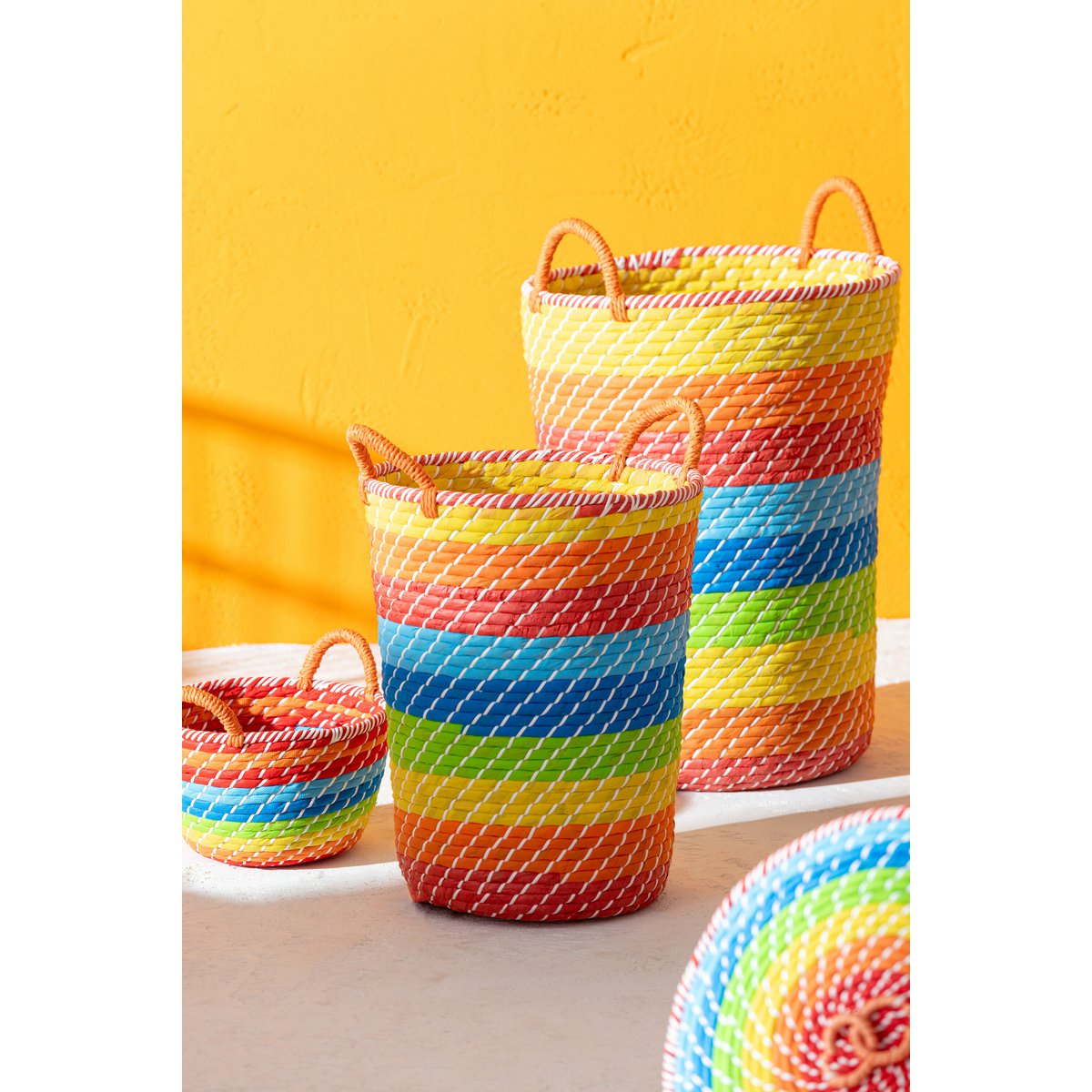 J-Line Lot de 3 Paniers Rainbow Stripes + Anses Seagrass Mix