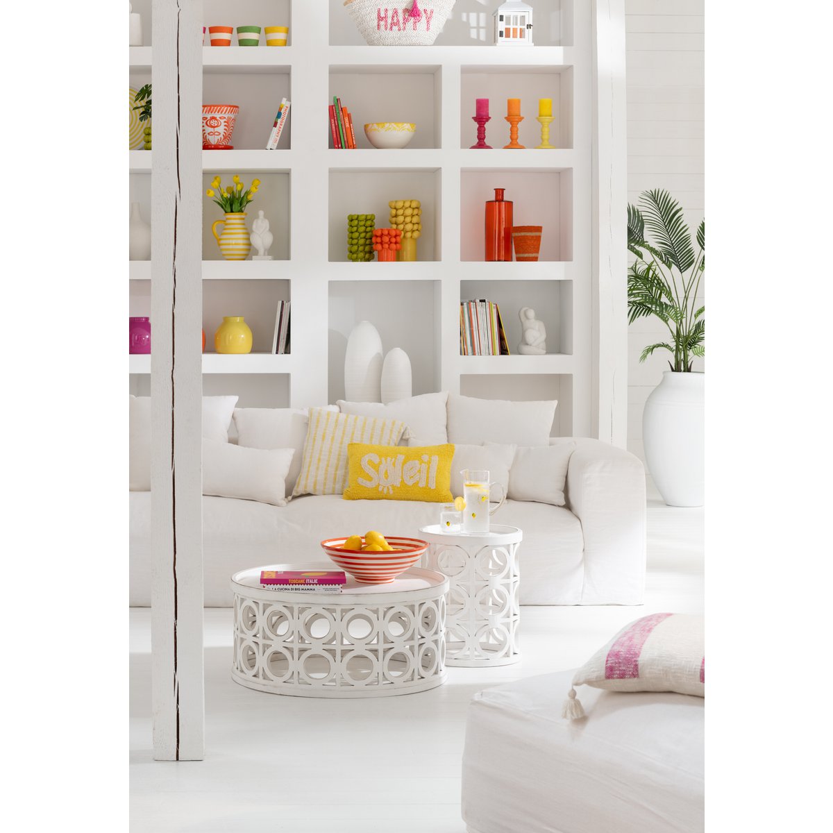 J-Line Coussin Soleil Tufté Coton Jaune/Blanc