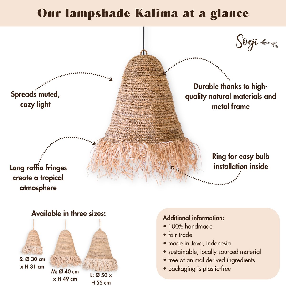 Abat-jour Raphia Boho – Lampe suspendue – Lampe suspendue – Plafonnier tissé à la main avec longues franges (3 tailles Ø 30/40/50 cm) KALIMA