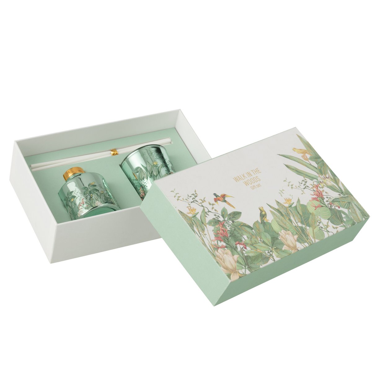 J-Line Coffret Bougie Parfumée+Huile Parfumée Promenade Dans Les Bois Vert
