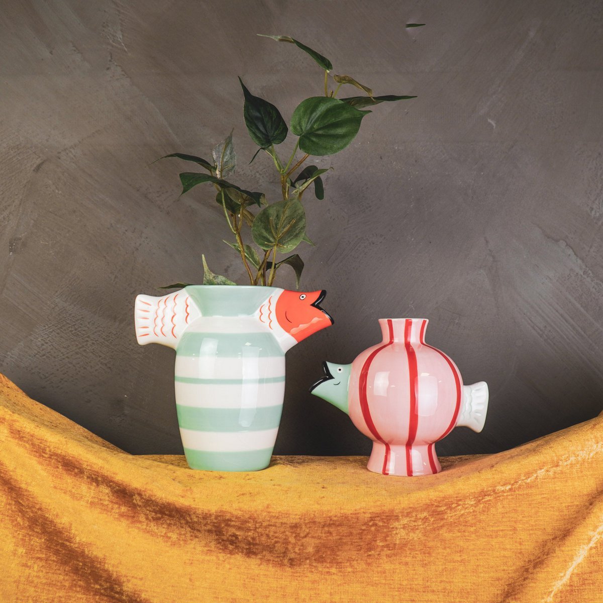 Vase - Fish- Dolomite -mint / White / Orange -23x12.5x21cm